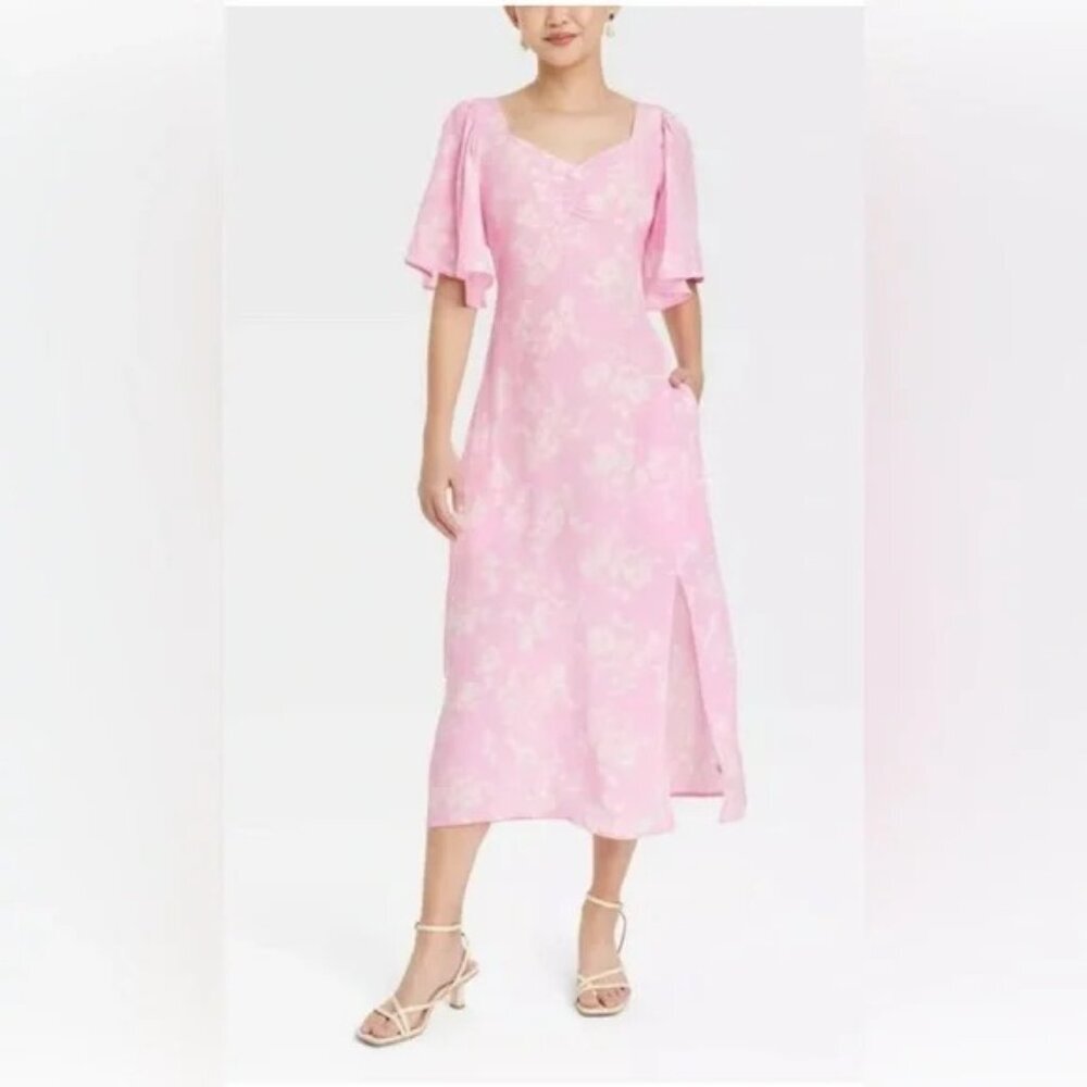 a new day Pink Floral flounce sleeve Midi sundress cut out back size large